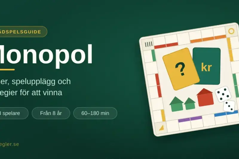 Grafik med texten "Monopol – regler, spelupplägg och strategier för att vinna" bredvid en illustrerad spelplan med färgade gator, hus, hotell, tärningar och spelkort.