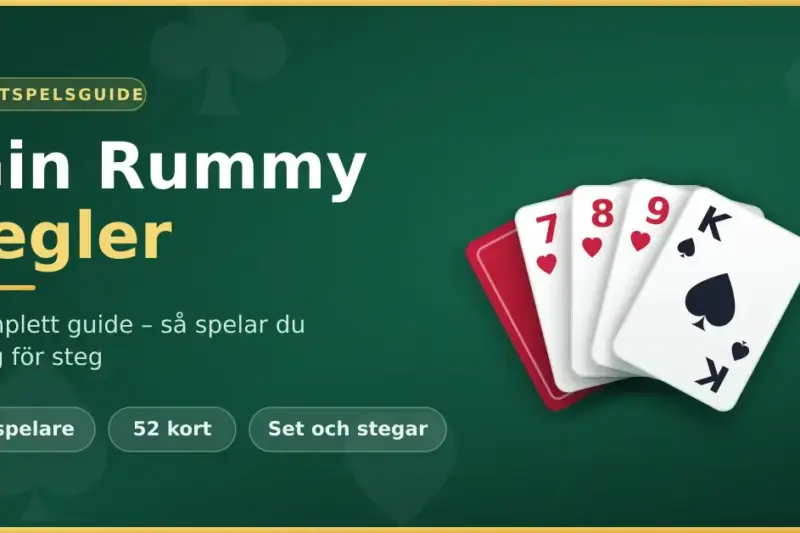 Grafik med rubriken "Gin Rummy regler" bredvid en solfjäder av spelkort som visar en stege i hjärter (7, 8, 9) och en spaderkung mot en mörkgrön bakgrund.