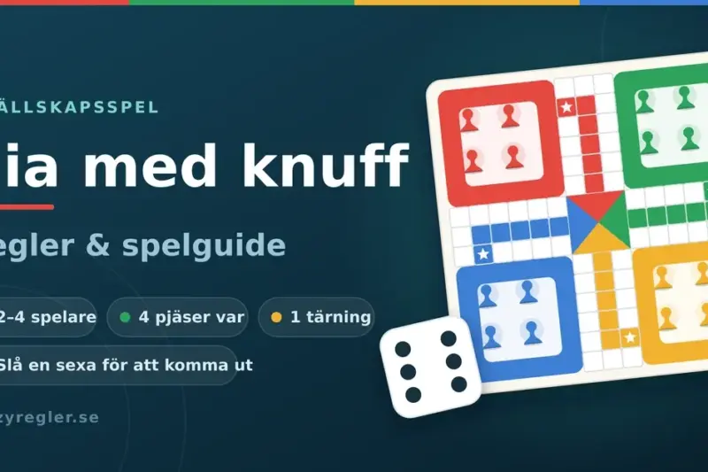 Färgglad illustration av ett Fia med knuff-spelbräde med fyra bon i rött, grönt, gult och blått, pjäser och en tärning som visar en sexa, bredvid texten "Fia med knuff – Regler & spelguide".