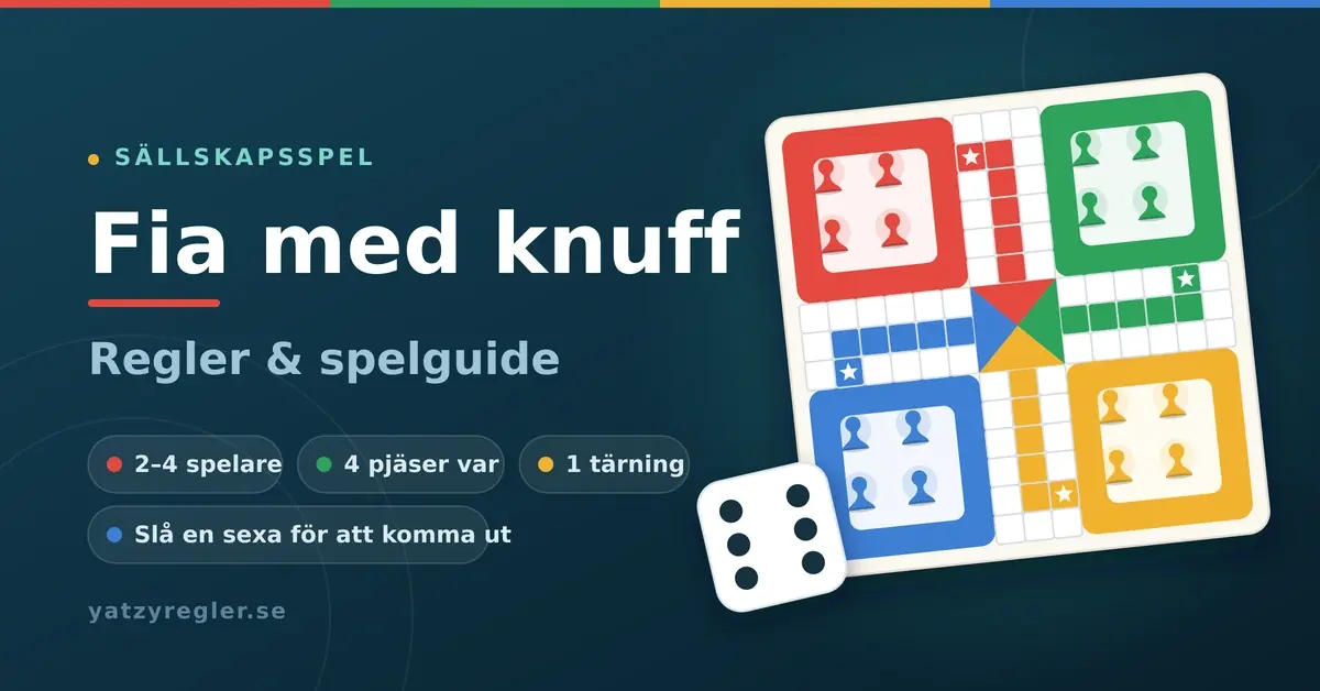 Färgglad illustration av ett Fia med knuff-spelbräde med fyra bon i rött, grönt, gult och blått, pjäser och en tärning som visar en sexa, bredvid texten "Fia med knuff – Regler & spelguide".
