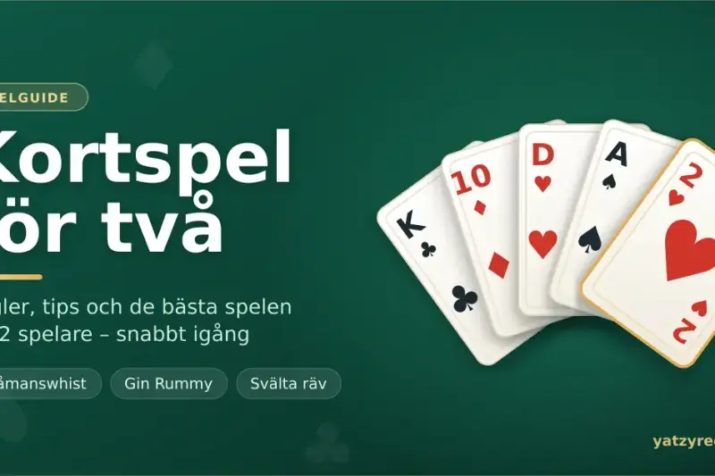 En solfjäder med fem spelkort mot grön bakgrund bredvid texten "Kortspel för två" och en spelguide för två spelare.