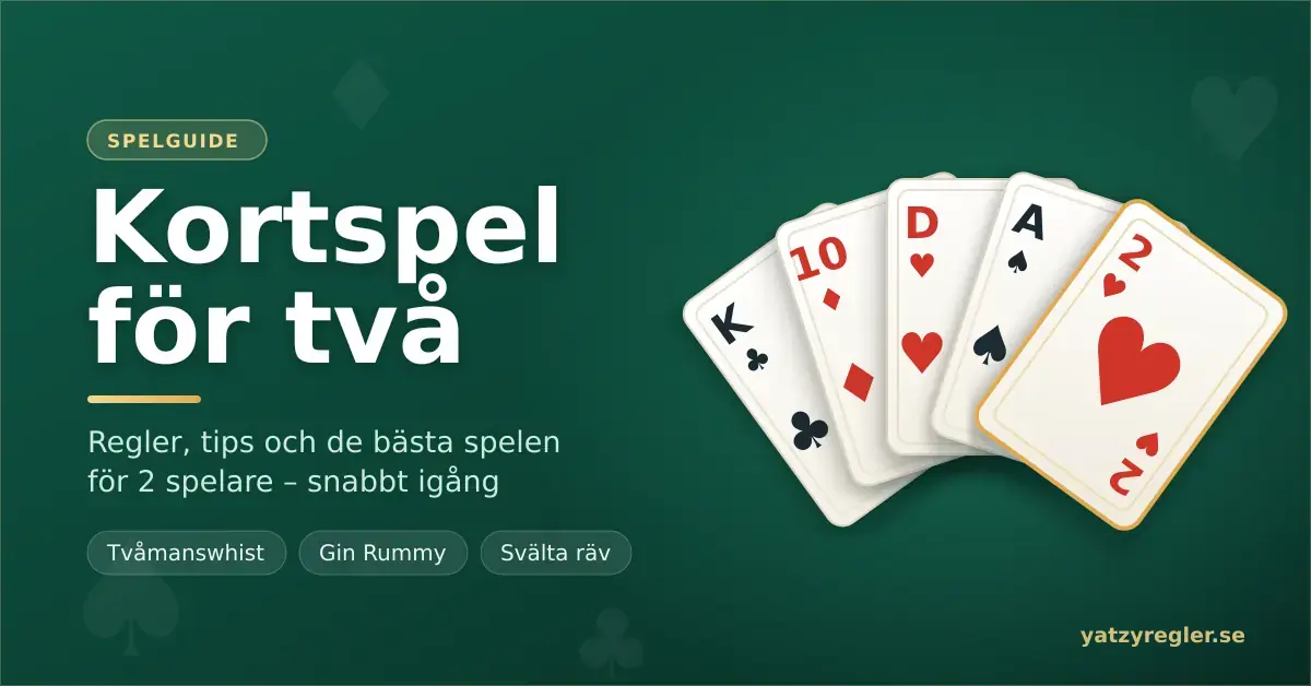 En solfjäder med fem spelkort mot grön bakgrund bredvid texten "Kortspel för två" och en spelguide för två spelare.