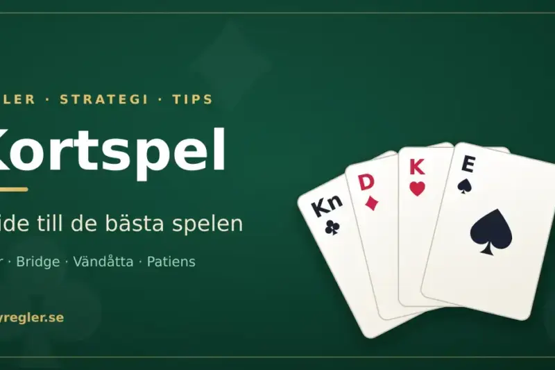 Grafik med texten "Kortspel – guide till de bästa spelen" mot mörkgrön spelbordsbakgrund, med en solfjäder av fyra spelkort (knekt i klöver, dam i ruter, kung i hjärter och spaderess).