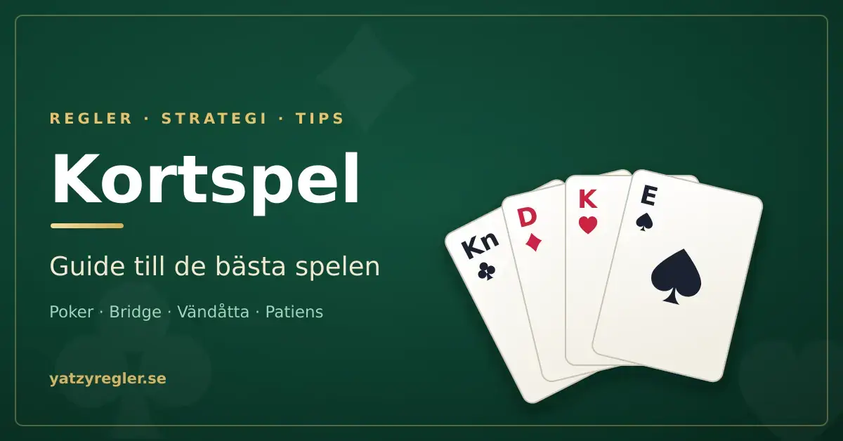 Grafik med texten "Kortspel – guide till de bästa spelen" mot mörkgrön spelbordsbakgrund, med en solfjäder av fyra spelkort (knekt i klöver, dam i ruter, kung i hjärter och spaderess).