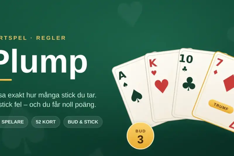 Grafik för kortspelet Plump med uppslagna spelkort i solfjäder på ett grönt spelbord och en spelmark som visar budet 3.