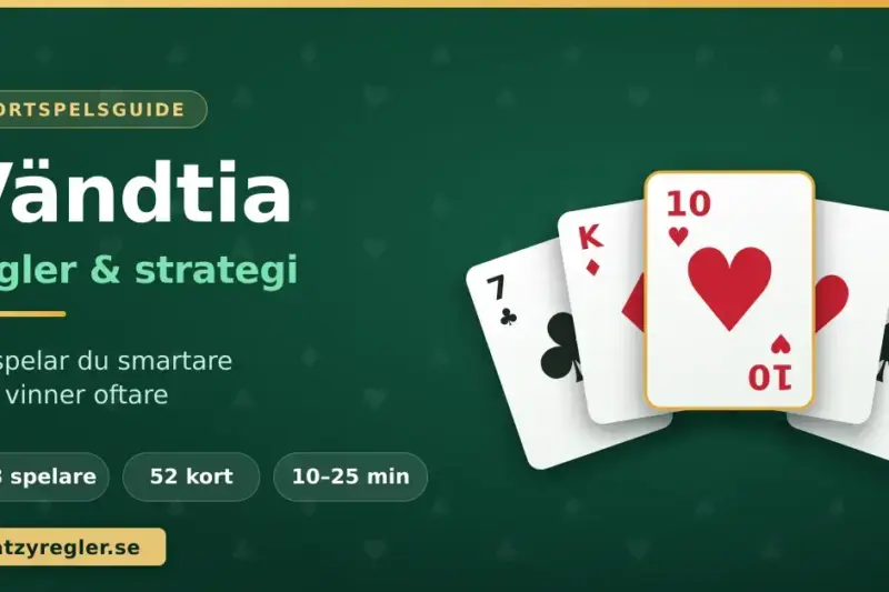 Grafik med texten "Vändtia – regler & strategi" bredvid en solfjäder av spelkort där hjärter tio ligger överst.