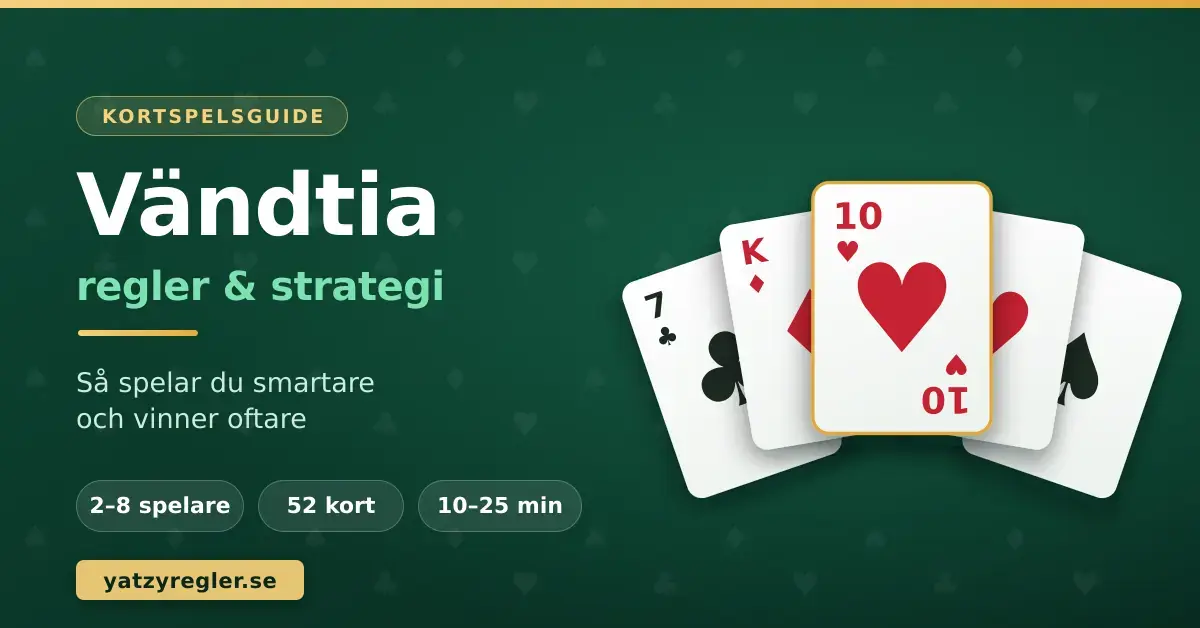 Grafik med texten "Vändtia – regler & strategi" bredvid en solfjäder av spelkort där hjärter tio ligger överst.