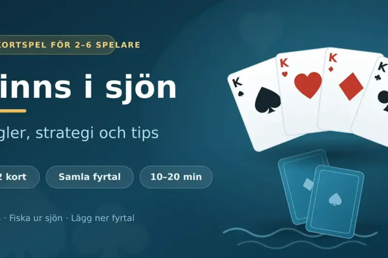 Grafik för kortspelet Finns i sjön med ett fyrtal kungar i solfjäder ovanför en hög nedvända kort i sjön, tillsammans med rubriken "Finns i sjön – regler, strategi och tips".