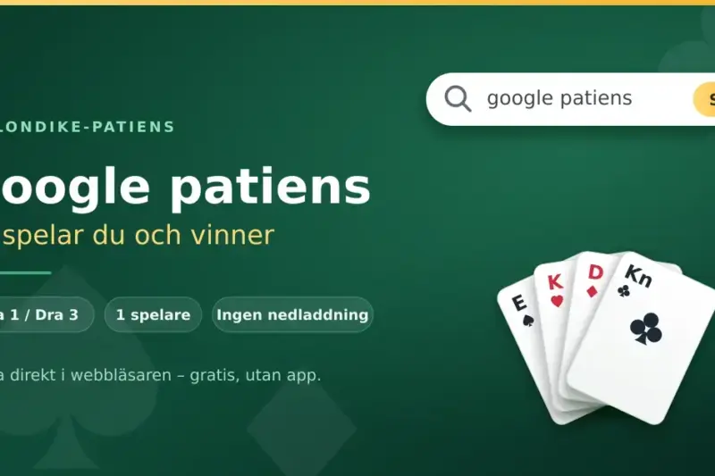 Grafik med rubriken "Google patiens – så spelar du och vinner" bredvid ett sökfält och en solfjäder av spelkort i klöver, hjärter, ruter och spader mot grön bakgrund.