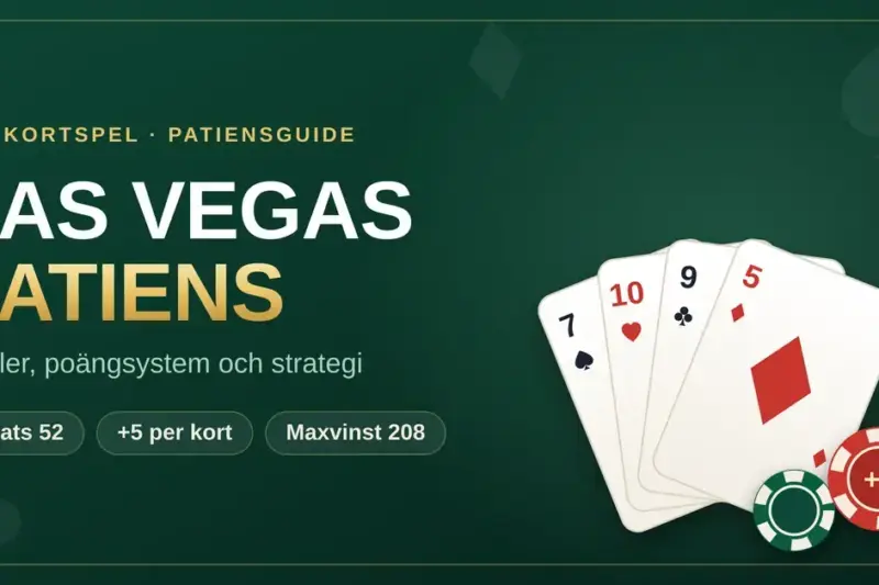En grafik med rubriken "Las Vegas patiens" på grön casinobakgrund, med en solfjäder av spelkort i alla fyra färger, spelmarker och faktarutor om insats, poäng per kort och maxvinst.