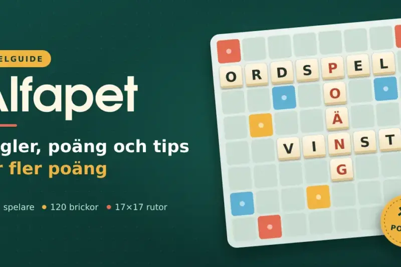 Illustration av en Alfapet-spelplan med bokstavsbrickor som bildar orden ORDSPEL, POÄNG och VINST, bredvid rubriken "Alfapet – regler, poäng och tips för fler poäng".