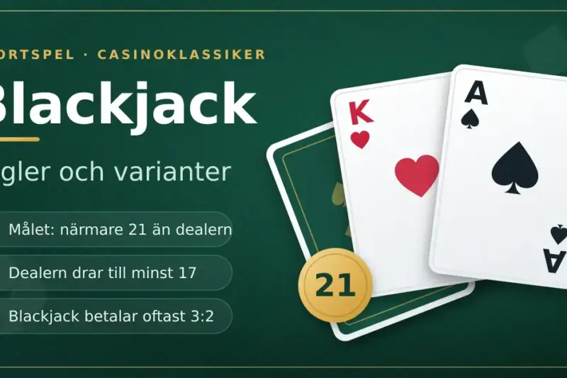 Grafik med två spelkort – hjärter kung och spader ess – på grön casinoduk bredvid rubriken "Blackjack – regler och varianter" och en guldfärgad jetong med talet 21.