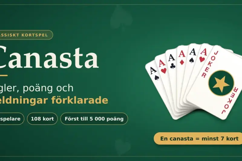 Grafik med ett grönt spelbord där en solfjäder av ess och en joker visar en canasta, bredvid rubriken ”Canasta – regler, poäng och meldningar förklarade” och snabbfakta om 2–6 spelare, 108 kort och först till 5 000 poäng.