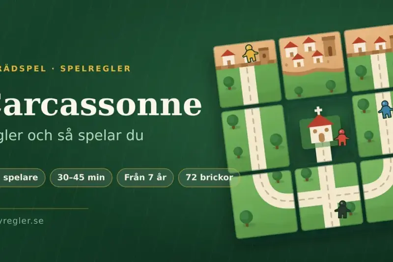 Illustration av Carcassonne med landskapsbrickor som visar vägar, stad och kloster samt färgglada följeslagare, bredvid rubriken ”Carcassonne – regler och så spelar du”.