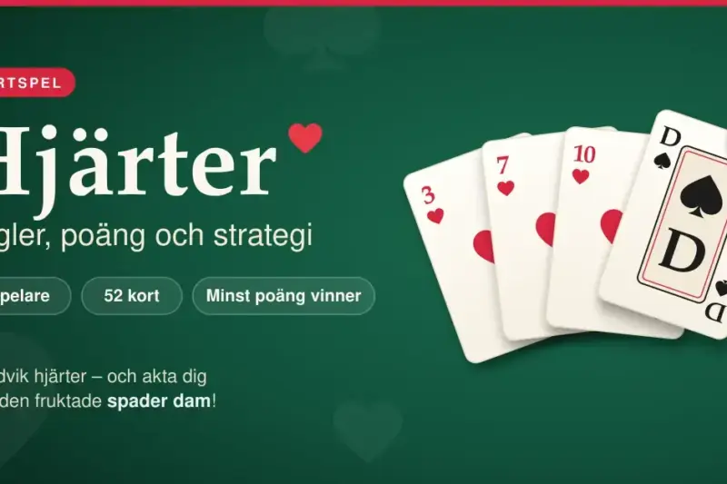 Grön speltavla med en solfjäder av spelkort – hjärter tre, sju och tio samt spader dam märkt med 13 poäng – bredvid rubriken "Hjärter – regler, poäng och strategi".
