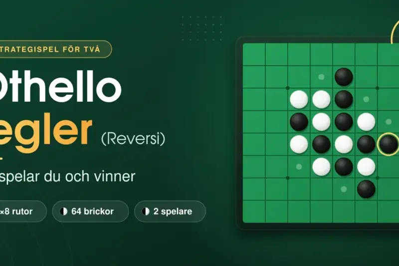 Grön Othellobräda med 8×8 rutor och svarta och vita brickor mitt i ett parti, bredvid rubriken ”Othello regler (Reversi) – så spelar du och vinner”.
