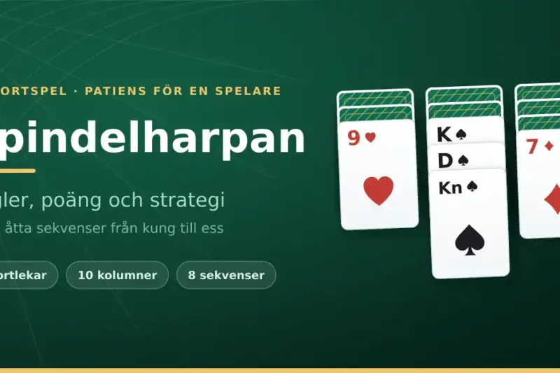 En grafik för artikeln om Spindelharpan som visar tre kortkolumner på grön spelduk, där mittkolumnen har en sekvens med spader kung, dam och knekt.