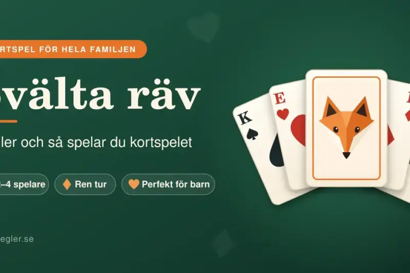 Illustration med rubriken "Svälta räv" och undertiteln "Regler och så spelar du kortspelet" på grön bakgrund bredvid en solfjäder av spelkort, där mittenkortet pryds av ett orange rävhuvud.