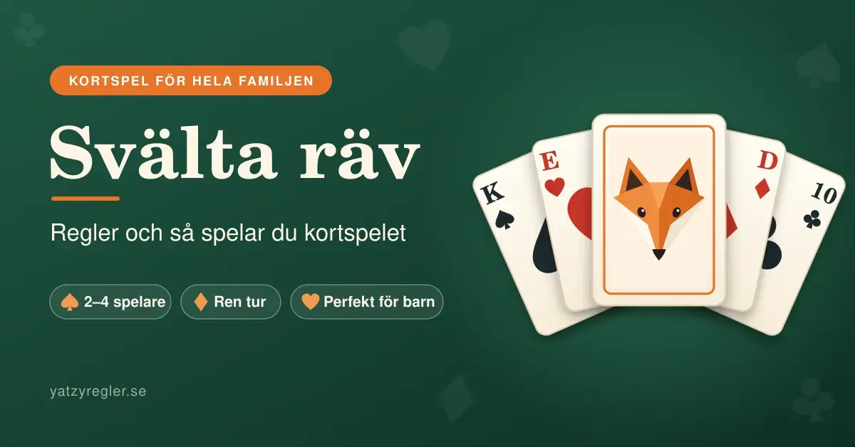 Illustration med rubriken "Svälta räv" och undertiteln "Regler och så spelar du kortspelet" på grön bakgrund bredvid en solfjäder av spelkort, där mittenkortet pryds av ett orange rävhuvud.