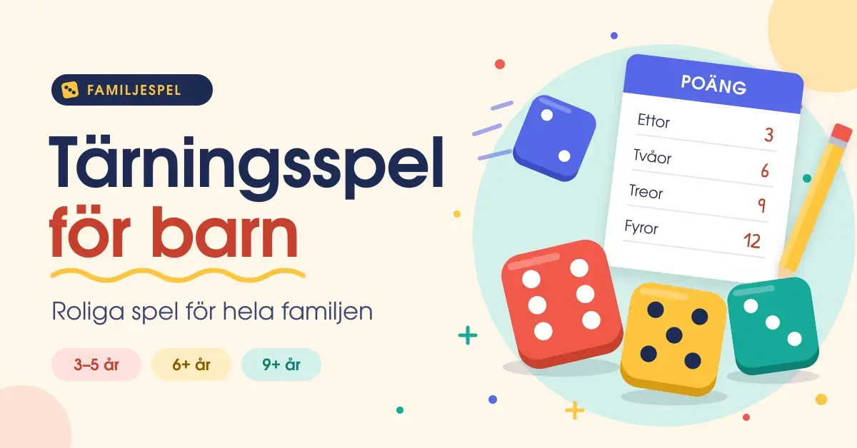 Illustration med färgglada tärningar, ett poängblock och en penna bredvid rubriken "Tärningsspel för barn – roliga spel för hela familjen" och åldersgrupperna 3–5 år, 6+ år och 9+ år.