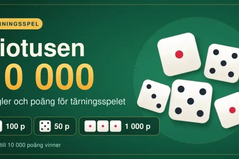 Grafisk bild för tärningsspelet Tiotusen med rubriken "Tiotusen 10 000", vita tärningar med bland annat ettor och femmor på ett grönt spelbord samt poängexempel för ettor, femmor och tre ettor.