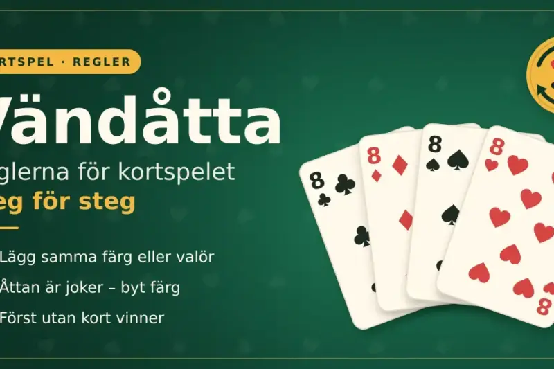 Illustration av fyra åttor i klöver, ruter, spader och hjärter utlagda i en solfjäder på ett grönt spelbord, bredvid rubriken ”Vändåtta – reglerna för kortspelet steg för steg” och en symbol för färgbyte.