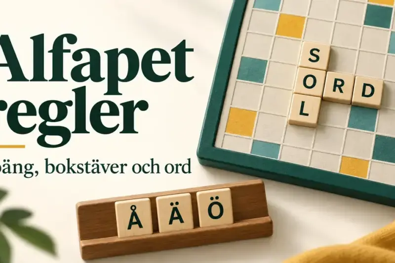 Illustration av en spelplan med orden SOL och ORD, bokstavsbrickorna Å, Ä och Ö samt rubriken Alfapet regler.