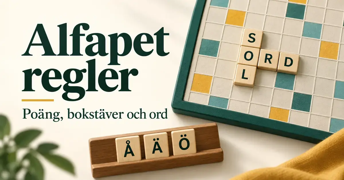 Illustration av en spelplan med orden SOL och ORD, bokstavsbrickorna Å, Ä och Ö samt rubriken Alfapet regler.