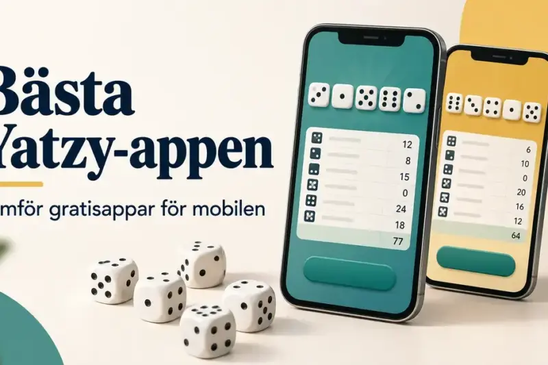 Två mobiler med Yatzy-spel och vita tärningar under rubriken Bästa Yatzy-appen – jämför gratisappar för mobilen.