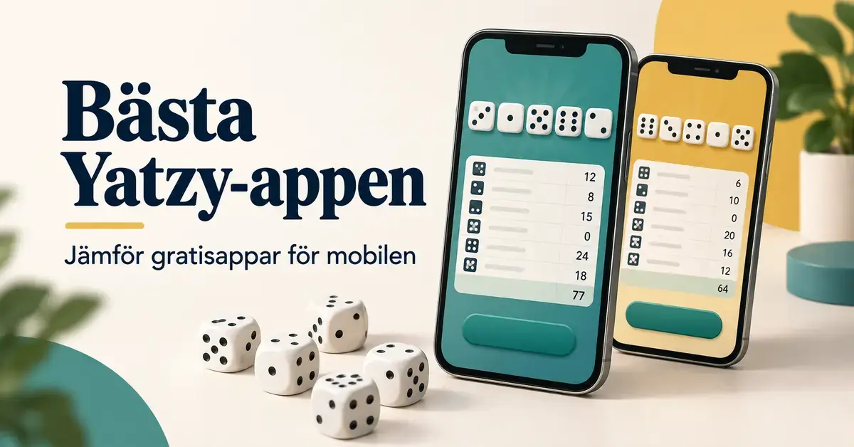 Två mobiler med Yatzy-spel och vita tärningar under rubriken Bästa Yatzy-appen – jämför gratisappar för mobilen.