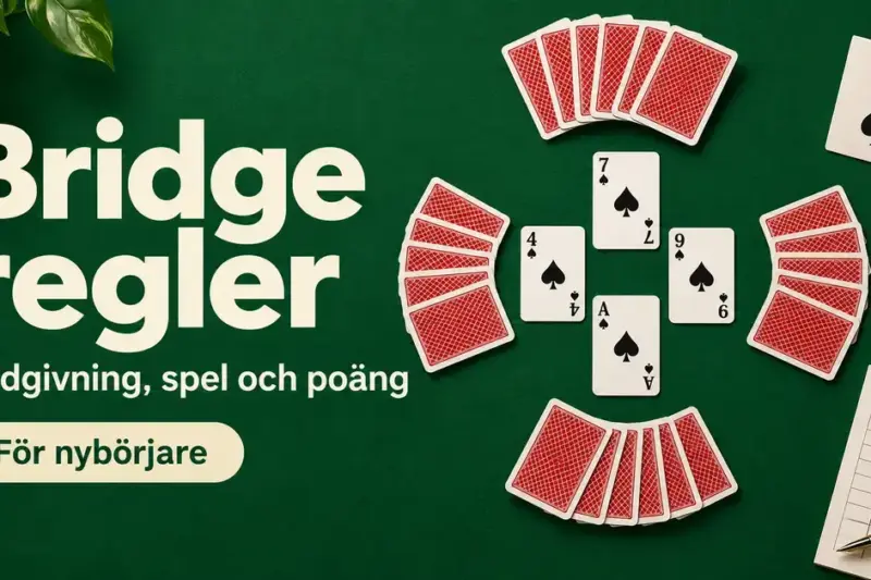 Illustration av bridge med fyra korthänder, spelade spaderkort, ett budkort och ett poängprotokoll på grön bakgrund samt texten ”Bridge regler – Budgivning, spel och poäng – För nybörjare”.