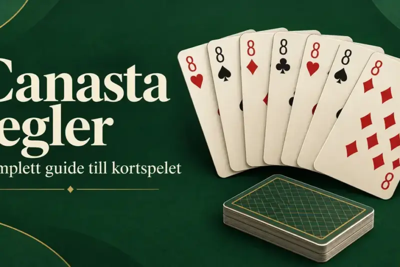 Sju åttor i en solfjäder och en kortlek på grön bakgrund med texten ”Canasta regler – Komplett guide till kortspelet”.
