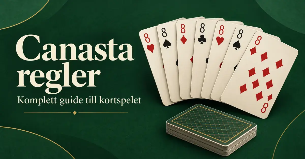 Sju åttor i en solfjäder och en kortlek på grön bakgrund med texten ”Canasta regler – Komplett guide till kortspelet”.