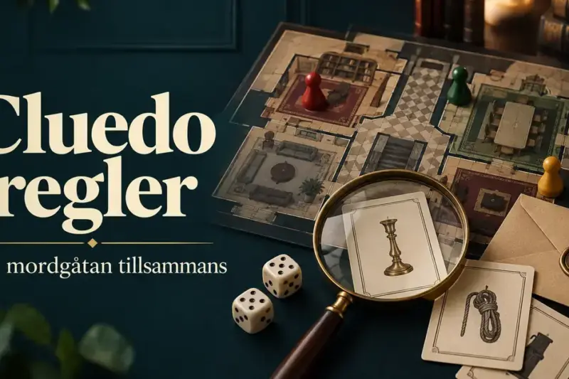 Illustration med texten ”Cluedo regler – Lös mordgåtan tillsammans”, en spelplan, färgade spelpjäser, tärningar, ledtrådskort och ett förstoringsglas.