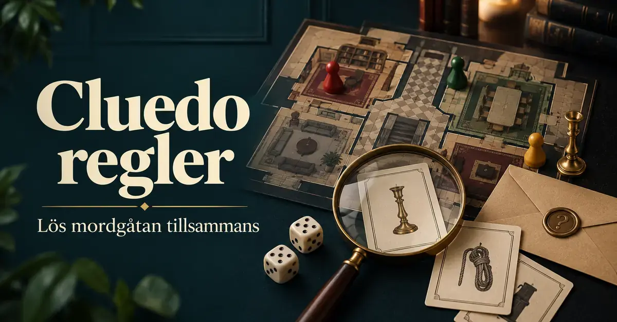 Illustration med texten ”Cluedo regler – Lös mordgåtan tillsammans”, en spelplan, färgade spelpjäser, tärningar, ledtrådskort och ett förstoringsglas.
