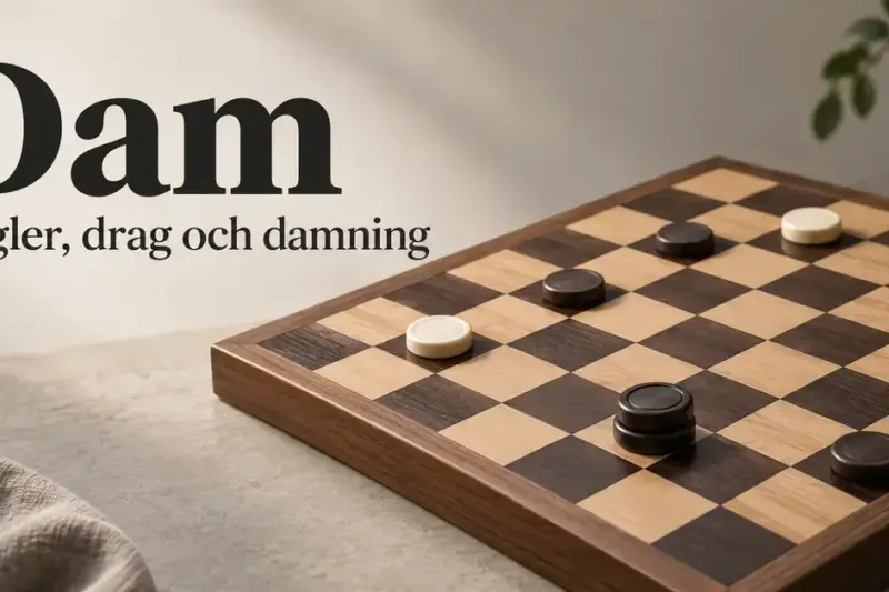 Dambräde med ljusa och mörka pjäser samt en dam av två staplade brickor under rubriken ”Dam – Regler, drag och damning”.