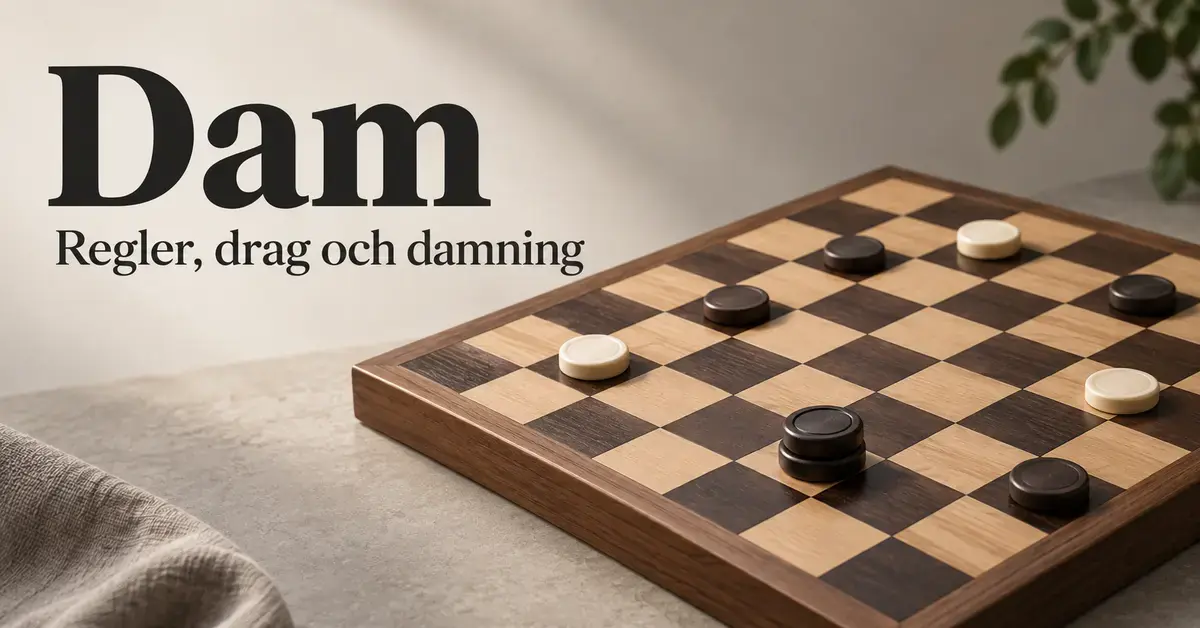 Dambräde med ljusa och mörka pjäser samt en dam av två staplade brickor under rubriken ”Dam – Regler, drag och damning”.