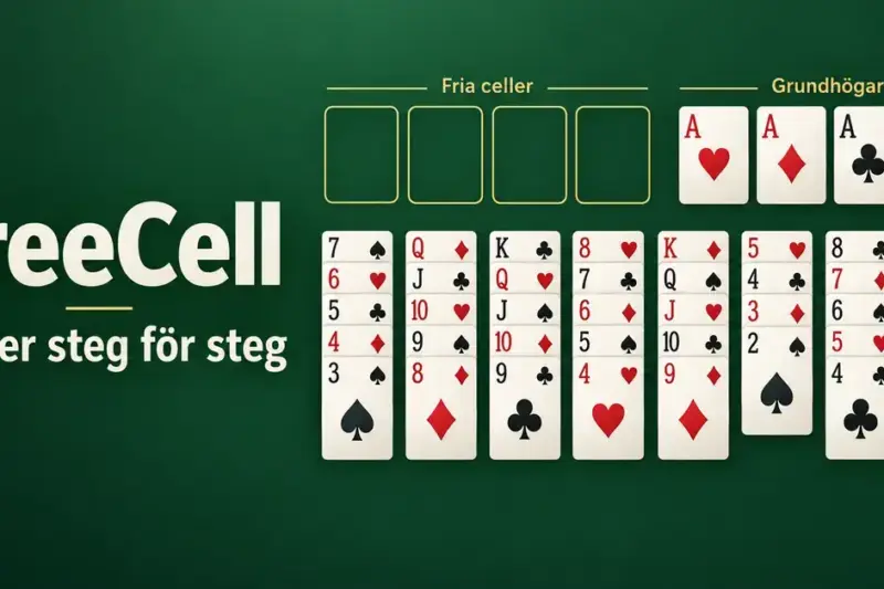 Illustration av FreeCell med åtta kortkolumner, fyra fria celler och fyra grundhögar på grön bakgrund samt texten ”FreeCell – Regler steg för steg”.