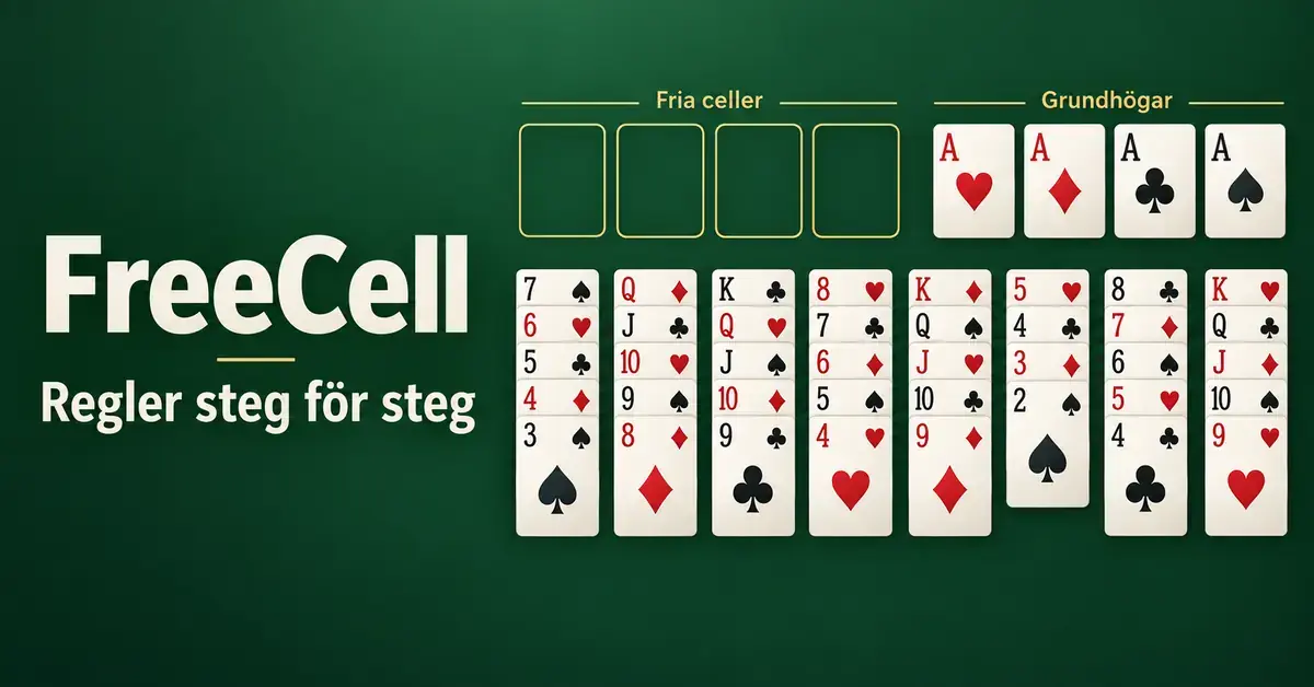 Illustration av FreeCell med åtta kortkolumner, fyra fria celler och fyra grundhögar på grön bakgrund samt texten ”FreeCell – Regler steg för steg”.