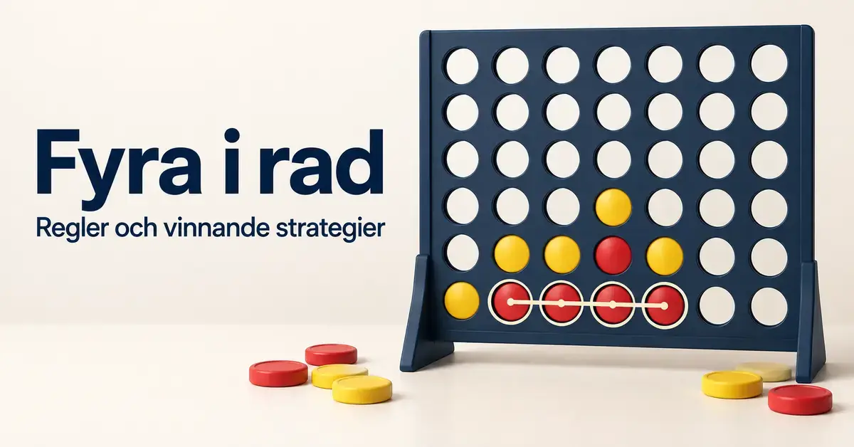 Spelbräde för fyra i rad med röda och gula brickor, fyra röda brickor markerade i en vågrät vinstlinje och texten ”Fyra i rad – Regler och vinnande strategier”.