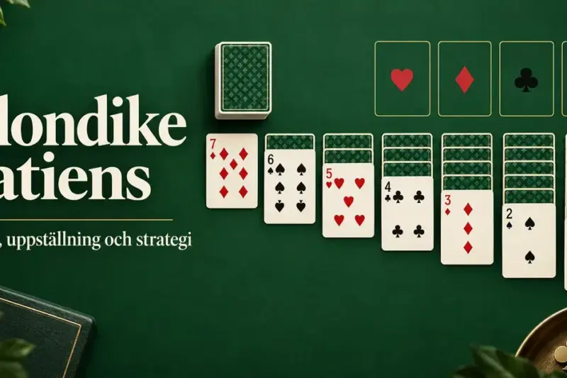 Klondike patiens med sju korthögar och fyra grundhögar på ett grönt spelbord samt rubriken ”Klondike patiens – Regler, uppställning och strategi”.