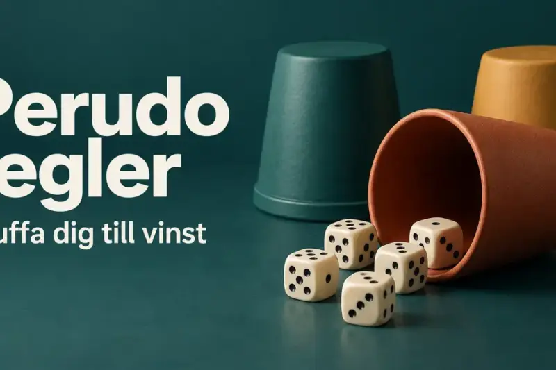 Fem tärningar framför tre färgade bägare på ett mörkgrönt bord med texten ”Perudo regler – Bluffa dig till vinst”.