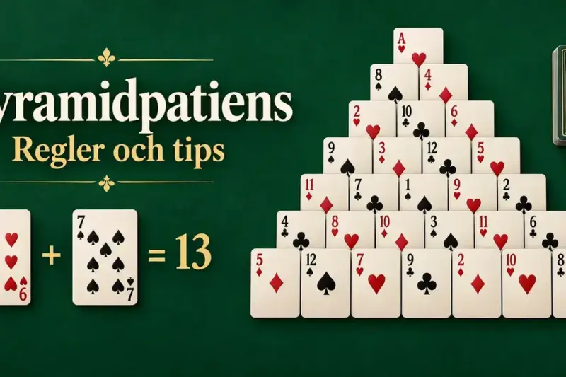 Illustration av pyramidpatiens med 28 kort i sju rader på grön bakgrund och ett exempel där hjärter sex och spader sju tillsammans blir 13.