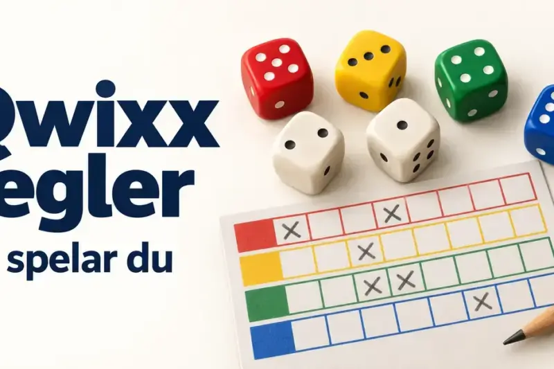 Sex tärningar, ett poängblad med fyra färgade rader och en penna bredvid texten ”Qwixx regler – Så spelar du”.