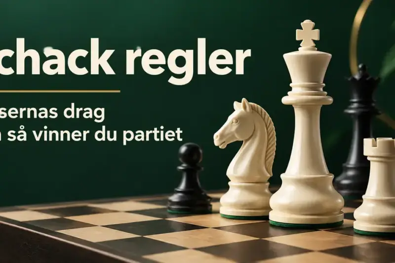 Vita och svarta schackpjäser på ett schackbräde mot mörkgrön bakgrund med texten ”Schack regler – Pjäsernas drag och så vinner du partiet”.