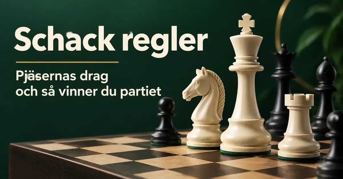 Vita och svarta schackpjäser på ett schackbräde mot mörkgrön bakgrund med texten ”Schack regler – Pjäsernas drag och så vinner du partiet”.