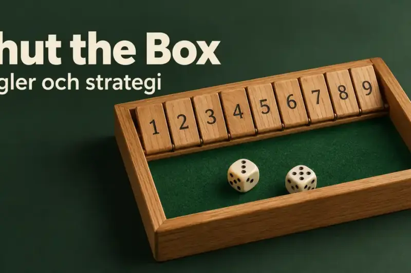 Spelbricka i trä för Shut the Box med numrerade luckor från 1 till 9 och två tärningar på grön filt, bredvid texten ”Shut the Box – Regler och strategi”.