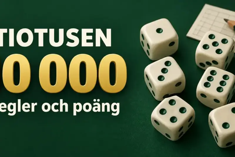 Sex tärningar på ett grönt underlag bredvid texten ”Tiotusen 10 000 – Regler och poäng”.