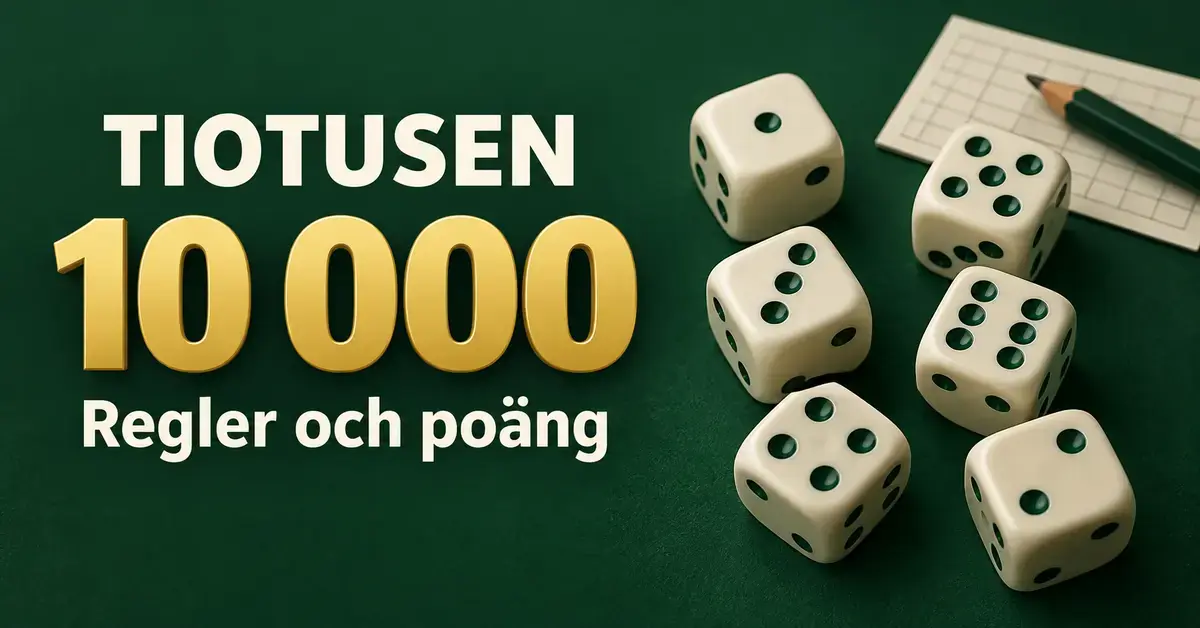 Sex tärningar på ett grönt underlag bredvid texten ”Tiotusen 10 000 – Regler och poäng”.