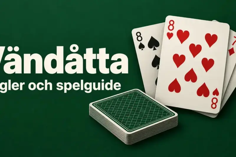 Spelkort med hjärter åtta i förgrunden och en kortlek på grön bakgrund bredvid texten ”Vändåtta – Regler och spelguide”.